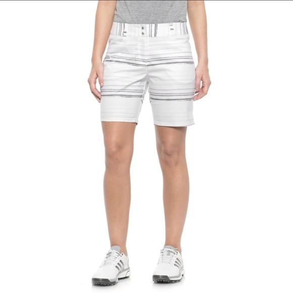 Adidas Women's Essentials 7" Golf Shorts Stretchy White Stripes Print si… - Picture 2 of 8